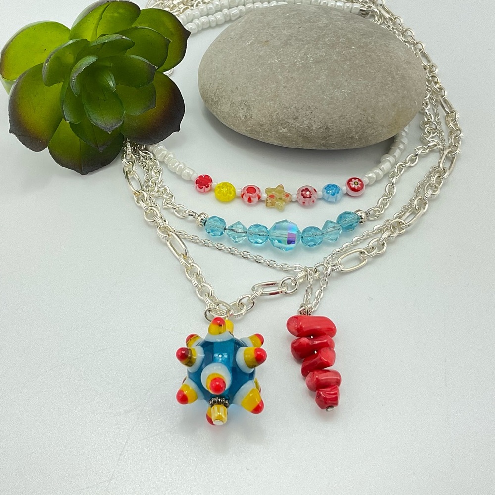 Colorful Layering Necklaces, Handmade, Set of 4, Art Glass Beads, Crystals - Picture 10 of 11